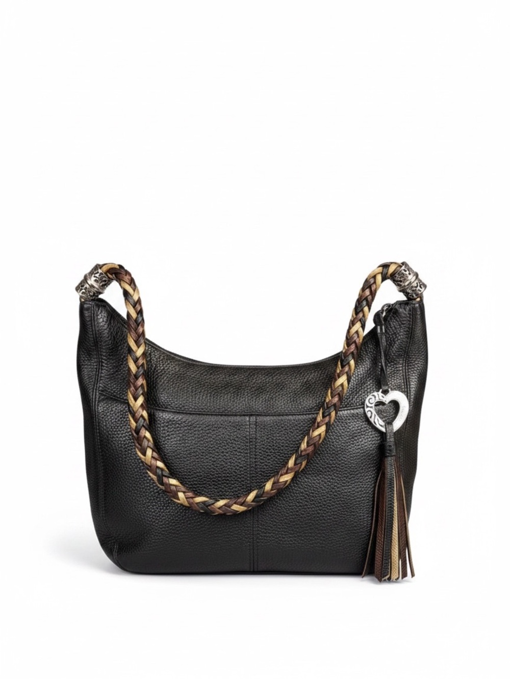 Brighton Black Leather Pebbled Hobo Bag Braided Strap and Tassel Quiet Luxury